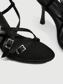 CUCCOO SZL Women's Shoes, Spring/Summer, Multi-Buckle Trim, Cross Ankle Straps, Open Toes, Stilettos, Everyday Parties, Black Sandals. - Black - View 5
