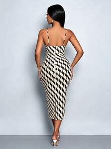 SOLERSUN Women's Spring/Summer Elegant Wavy Stripe Print Slim-Fit Cami Dress With Lace Trim - Street Fashion, Festive Business Casual, Beige - Black and White - View 2