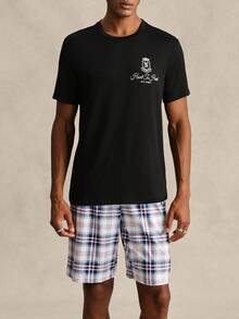 EverLounge Men's Basic Casual Fashion British Style Letter Print T-Shirt Top And Plaid Shorts Loungewear Set Back-To-School Home Black White Summer - Black - View 3