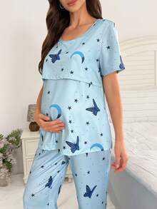 SHEIN Moonlight & Mama 春夏基礎簡約時尚藍色蝴蝶月亮星星印花哺乳設計上衣配可調式鬆緊腰長褲孕婦睡衣套裝 - 藍色 - 查看 4
