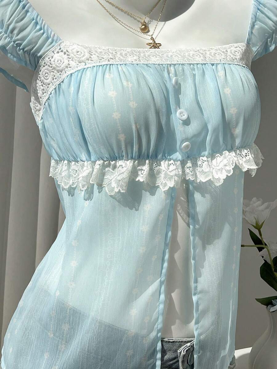 Elamini Camisa plisada con diseño de botones y encaje en contraste para mujer - Azul - Ver 1