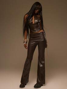MUSERA Brown PU Keyhole Cutout Halterneck Top - Mocha Brown - View 5