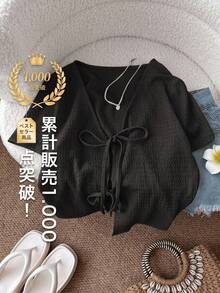 SHEIN LUNE 淺黃色前綁帶針織短版T恤，性感可愛時尚休閒 - 黑色 - 查看 1