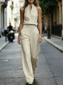 SHEIN 2pcs/Set Summer Minimalist Solid Color Notch Neck Sleeveless Tank Top And Pants - Apricot - View 4