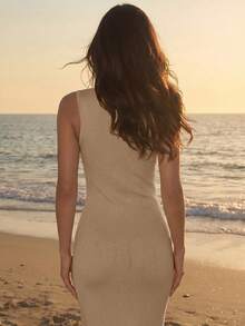 Flora Isola Flora Isola 春夏贝壳刺绣元素女士吊带针织连衣裙 - 駝色 - 查看 2
