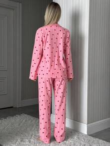 SHEIN Women 2 Pcs Pink Button Front With Striped&Heart Pattern Homewear Cute Pajama Set - Pink - View 2