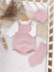 SHEIN Newborn Baby Girls' Pink Knit Romper, Socks & Hat 3-Piece Set, Solid Color & Versatile, Perfect For Daily Wear In Spring, Autumn, And Winter - Pink - View 4
