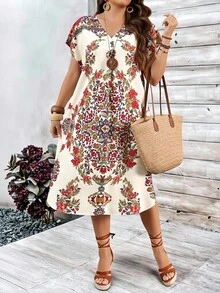 EMERY ROSE Plus Size Women Floral V-Neck Short Sleeve Elegant Boho Dress Summer Spring Clothing Country Style Vacation Beige - Multicolor - View 3