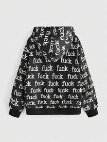 ROMWE Autumn/Winter Punk Slogan Street Print Open Front Hooded Sweatshirt - Black and White - View 2