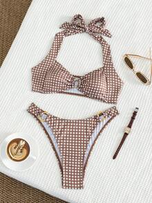 SHEIN Swim 女款純色掛脖式比基尼內衣兩件式高腰泳衣套裝 - 夏季海灘泳裝，Br - 彩色 - 查看 5