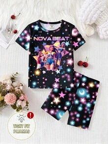 女童幼兒圓領短袖短褲套裝 夢幻少女風星星印花 甜酷俏皮風格 針織彈性面料 舒適柔軟高彈力貼身 黑色 UV 光下發光 紫色 2 件套居家休閒睡衣 - 黑色 - 查看 5