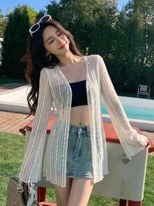 DAZY 女款度假長袖寬鬆和服式罩衫 夏季 - 白色 - 查看 5