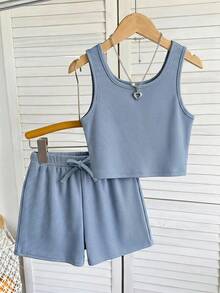 Emery Rose Kids Emery Rose Kids 2件套女童纯色针织圆领背心和短裤套装，舒适浅蓝色罗纹短款背心和短裤家居服两件套，青少年夏季套装，青年夏季休闲套装，时尚女童夏季套装，罗纹针织短裤套装 - 藍色 - 查看 4