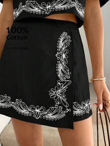 Easowa Women's 2 Pieces Set: Round Neck Puff Sleeve With Frill Trim, Back Tie Bow Short Sleeve Blouse And Asymmetrical Hem Skort Shorts, 100 Cotton - Black - View 9