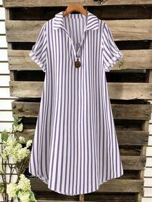 SHEIN Tall CURVE 大尺碼女款法式休閒夏季短袖V領長版洋裝 - 紫色 - 查看 3
