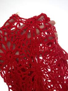 Allurite Summer Elegant Tropical Vacation Hand-Crocheted Red Hollow Out Short Sleeve Tie-Front Holiday Party Vacation Date Beach Women's Thin Cardigan - Red - View 4