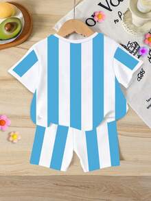 2pcs Set Young Girl Blue And White Color Block, Contrast Collar, Young Girl Casual Minimalist Short Sleeve Slim Fit Crew Neck T-Shirt Paired With Matching Tight Shorts, Suitable For Spring And Summer Daily Wear, Outdoor Activities, Sports, World Cup Events, Vacation, Holiday Outfits, Spring And Summer Attire, Easy And Comfortable, Fashionable Girl, Casual - Multicolor - View 3