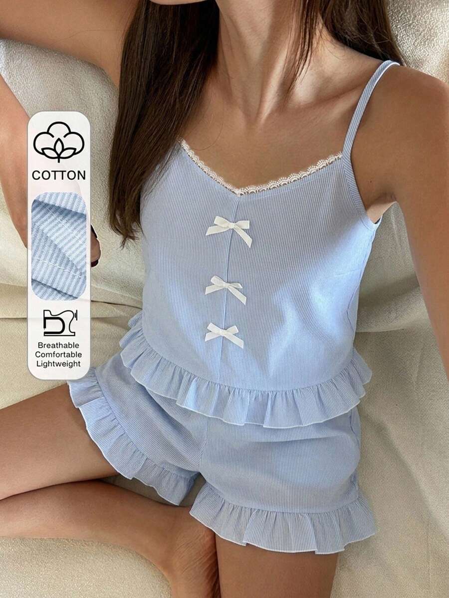 DAZY 2件組蕾絲拼接無袖背心寬鬆短睡褲夏季女裝睡衣套裝 - 藍白色 - 查看 1