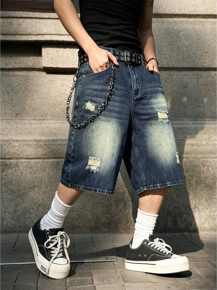 Manfinity EMRG Men's Distressed Wide Leg Denim Shorts - Blue - View 1