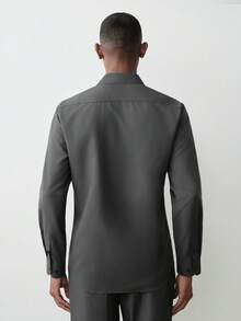 MENRIVO Men's Front Button Long Sleeve Pocket Casual Formal Shirt, Daily Wear, For Fall, Ceremony - Dark Grey - View 2