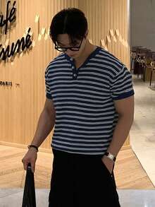 DAZY 男士春夏季短袖海軍藍白條紋圓領半鈕扣針織上衣 - 藏蓝色 - 查看 5