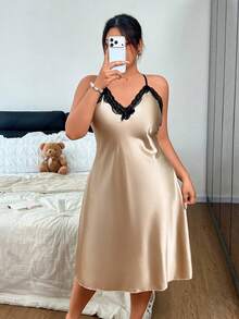 SHEIN 成熟優雅緞面細肩帶洋裝花卉圖案網紗晨袍大尺碼睡衣兩件組 - 薑色 - 查看 5