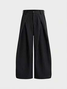 SWAVVY Men's Spring/Summer Casual Button-Up Striped Wide-Leg Pants - Black - View 3