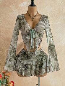 Soleia Conjunto de 2 piezas de blusa y falda casual para vacaciones de mujer - Verde militar - Ver 4