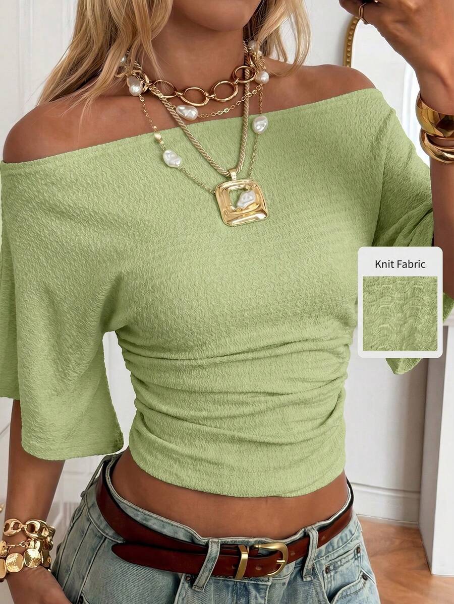 SHEIN EZwear 女款針織船領不對稱半袖抓皺設計T恤 - 薄荷綠 - 查看 1