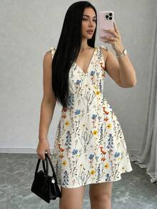 Elenzga Plus Size Women's French Elegant Bohemian Cute Kawaii Casual Cottage Core Boho Goth Minimalist Polka Dot Shoulder Tie Dress Wedding Vacation Brunch - Apricot - View 1