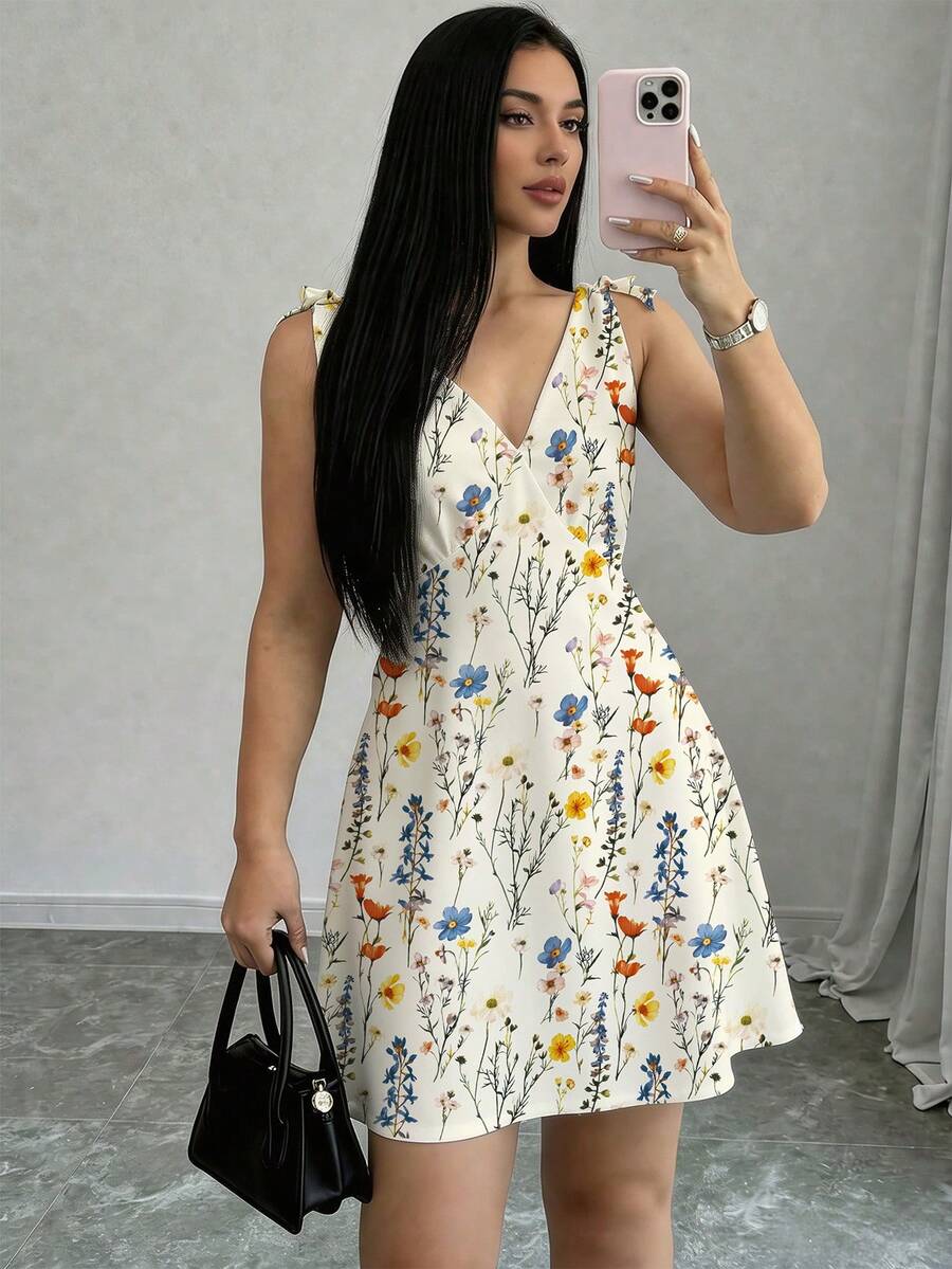 Elenzga Plus Size Women's French Elegant Bohemian Cute Kawaii Casual Cottage Core Boho Goth Minimalist Polka Dot Shoulder Tie Dress Wedding Vacation Brunch - Apricot - View 1