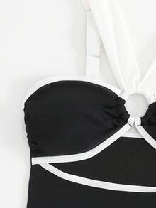 Swim Oasis 女款 2 件組波希米亞風吊帶沙灘裝新品，時尚比基尼泳衣套裝，性感度假風，復古性感印花細肩帶比基尼套裝，紋理面料，可調節肩帶，夏季海灘度假風，優雅復古，海灘度假新年新款一件式泳衣泳裝，性感優雅高級款 - 黑色 - 查看 4