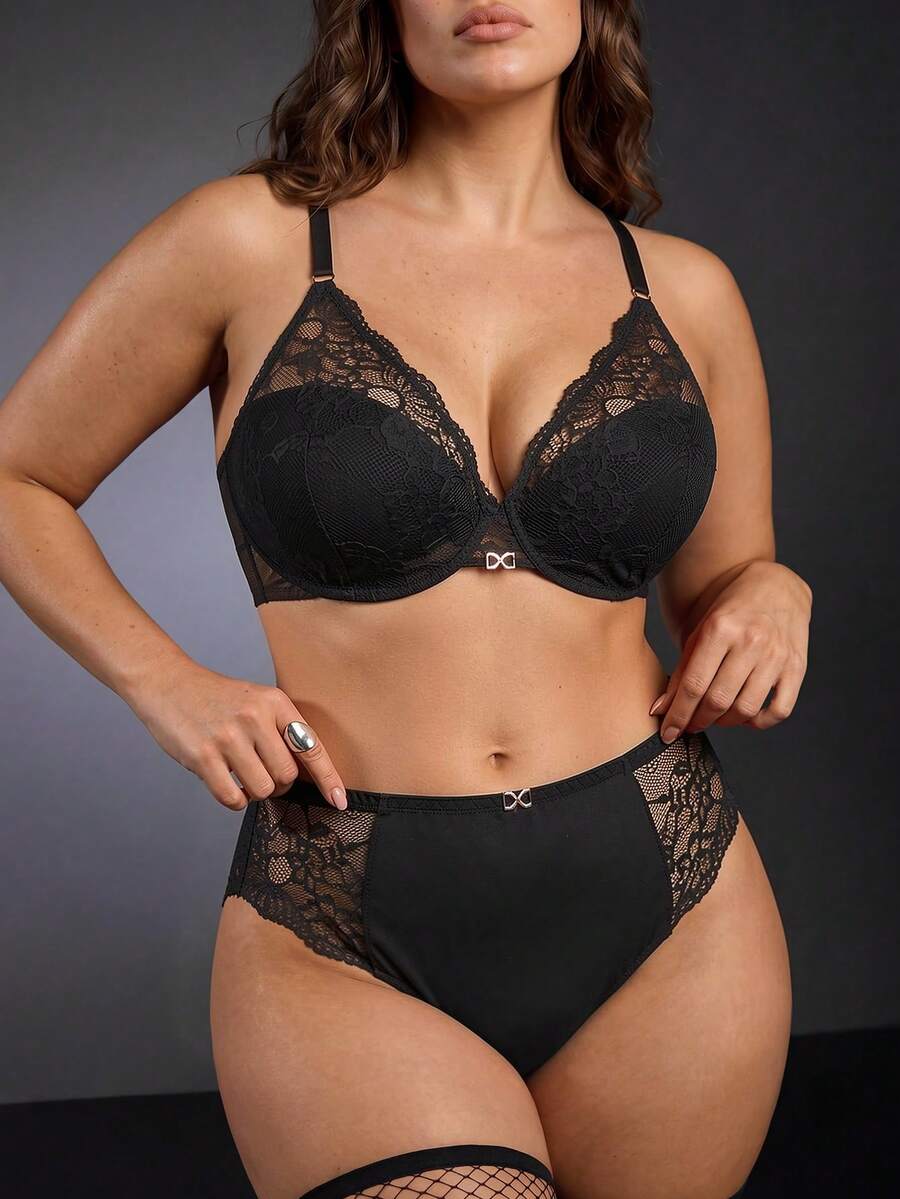 EmpressEnvy Plus Size Women's Sexy Lace Semi-Sheer Lingerie Set - Black - View 1