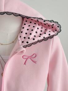SHEIN Tween女孩蝴蝶結刺繡對比蕾絲連帽拉鍊秋季運動衫 - 粉色 - 查看 2