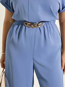 Chikora Plus Size Summer Casual Elegant Solid Color Short Sleeve Jumpsuit Brunch Bussines Evening Office Dusty Blue - Blue - View 8
