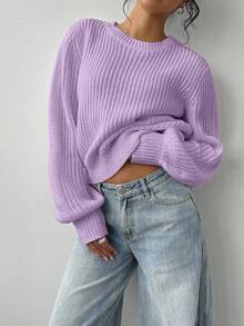 SHEIN BASICS 女款純色時尚百搭圓領長袖針織衫，適合日常穿著 - 淡紫色 - 查看 5