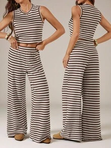 SHEIN Tall 2pcs/Set Women Striped Camisole And Pants, Casual Summer Outfit - Multicolor - View 3