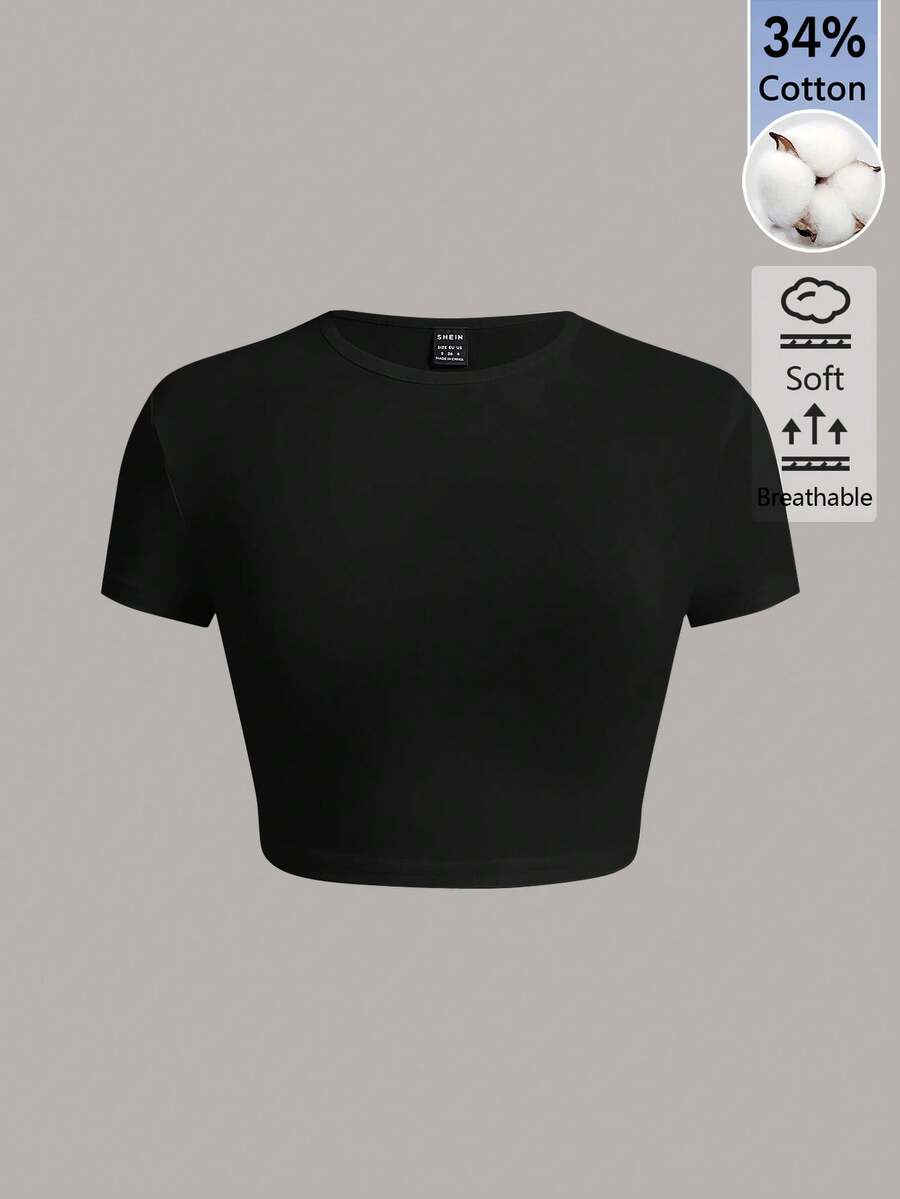 SHEIN BASICS 女款素色修身短版圓領T恤上衣 白色短版上衣 - 黑色 - 查看 1
