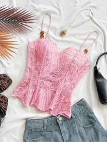 Spring/Summer New Back To School Casual Textured Beaded Decor Backless Tie-Up Date Valentine's Day Pink Women's Tank Top No Chest Padding - Pink - View 4