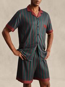 EverLounge Men's Green Gingham And Striped Contrast Color Lapel Cardigan Short Sleeve Shorts Milk Silk Home Casual Pajama 2pcs Set Lounge Summer - Dark Green - View 5