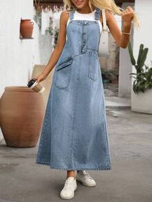 EMERY ROSE New Loose Distressed Denim Camisole Jumpsuit Dress - Medium Wash - View 7