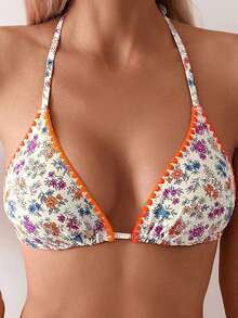 Swim Vcay Setelan Baju Renang Dua Potong Wanita Motif Bunga Musim Panas untuk Pantai, Model Halter Tie Seksi dengan Bawahan Segitiga - Aprikot - View 5