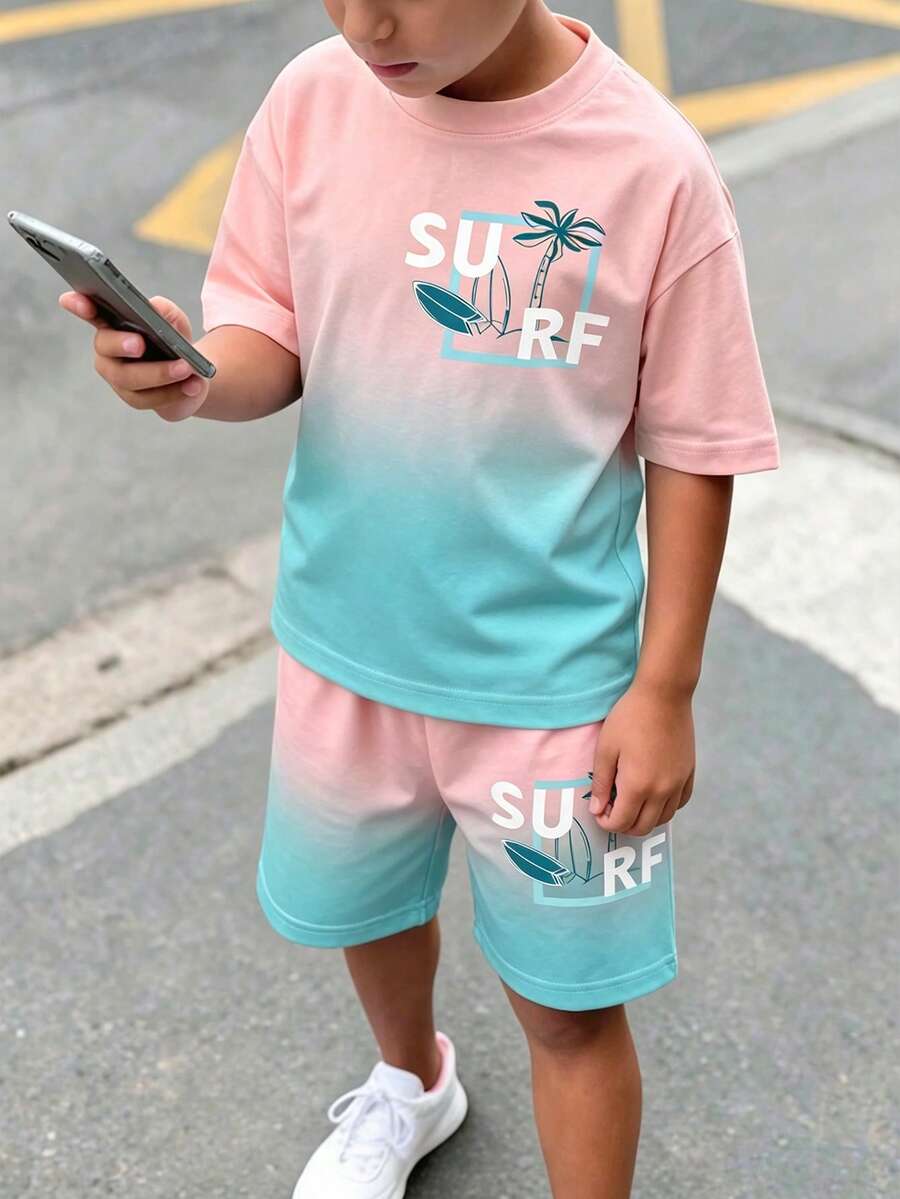 兒童青少年男孩休閒舒適時尚簡約圓領短袖T恤與短褲套裝 度假粉色與青色夏季 - 彩色 - 查看 1