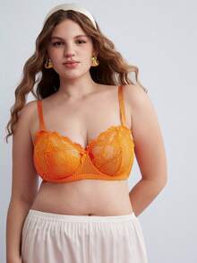 Elorette Orange Underwire Lace Patchwork 1/2 Cup Push Up Comfy Balconette Bra Romantic Exquisite Plus Size Bra - Orange - View 4