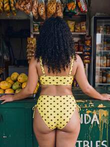 Swim Mod Plus Size Women 2pcs Random Polka Dot Print Ruched Cross Waist Casual Swimwear Set - Yellow - View 2