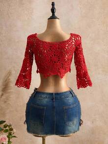 Allurite Summer Elegant Tropical Vacation Hand-Crocheted Red Hollow Out Short Sleeve Tie-Front Holiday Party Vacation Date Beach Women's Thin Cardigan - Red - View 6