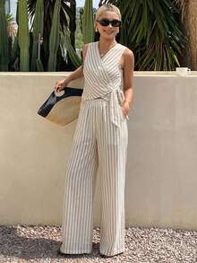 DAZY Conjunto de 2 piezas para vacaciones y días festivos para mujer, top de verano sin mangas con cuello en V y anudado delantero a rayas azules y blancas, con pantalones largos holgados de pierna ancha, estilo casual francés - Café integral - Ver 3