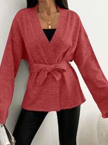 EURMUSE Women's Solid Drop Shoulder Long Sleeve Loose Tie-Waist Casual Cardigan,Petite Cardigans,Cardigans - Dusty Pink - View 8