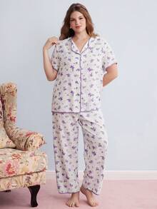 Elorette Floral Pajama Set Plus Size Purple Floral Contrast Trim Short Sleeve Sleepwear Set 2 Piece Pajama Set Purple Pajamas Set - White - View 4