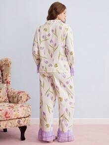 Elorette Plus Size Floral Print Collared Ruffle Trim Long Sleeve Top And Pants Pajama Set, Cozy And Elegant Details, Fall Winter Clothes - Purple - View 4